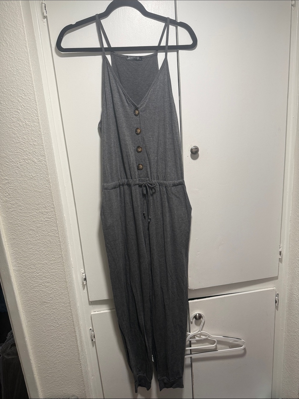 Sleeveless Dark Gray Button-Front Jumpsuit with Drawstring Waist